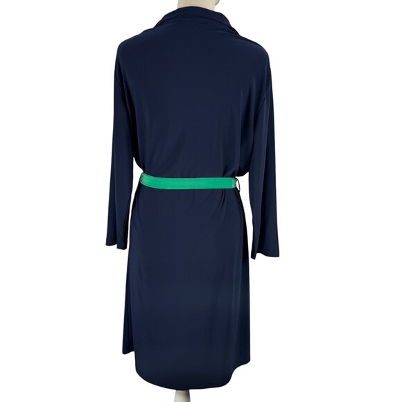 Birdie James Authentic Chic Navy Blue & Green Trim Wrinkle-Free Dress Size Med - Picture 3 of 7
